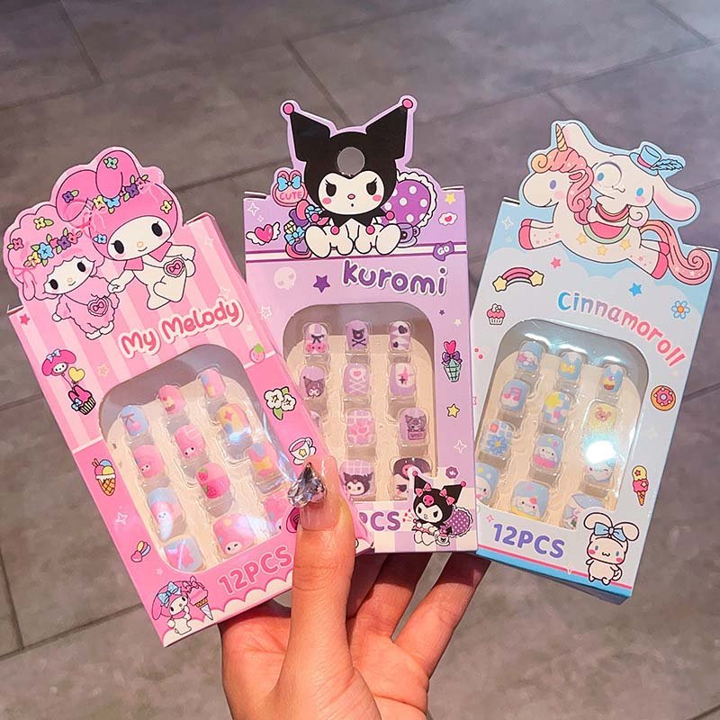 12pcs Sanrio Press-On Nails (9008) - Kawaii Nail Art for Kids Featuring Sanrio Characters Sanrio Kids Press-On Nails Kit (9008) - Colorful Nail Stickers with Hello Kitty and Friends