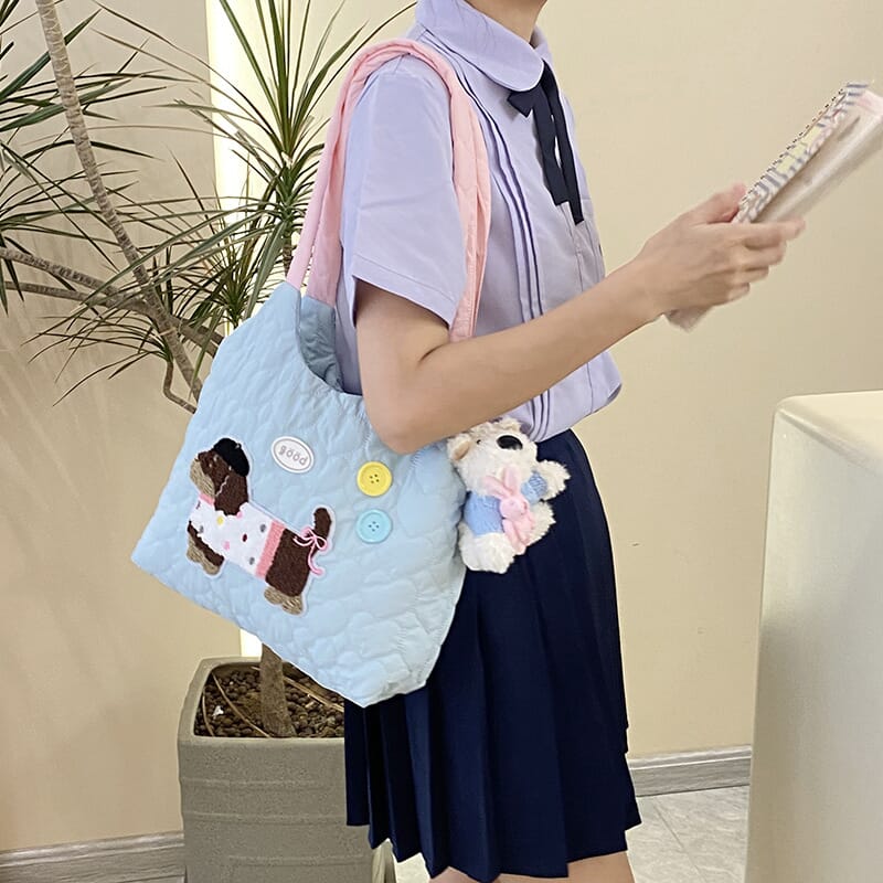 Cute dog design shoulder bag with playful embroidery Trendy embroidered puppy handbag for fashion-forward looks