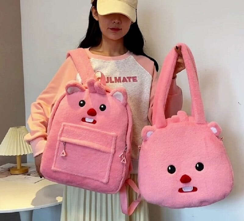Kawaii Loopy beaver backpack for toddlers and preschoolers Pink Loopy cartoon beaver backpack for girls