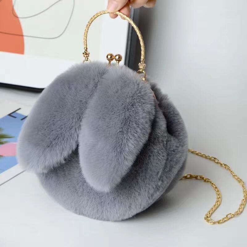 Rabbit ear fluffy crossbody bag for casual outfits Chic rabbit ear round handbag plush purse for women