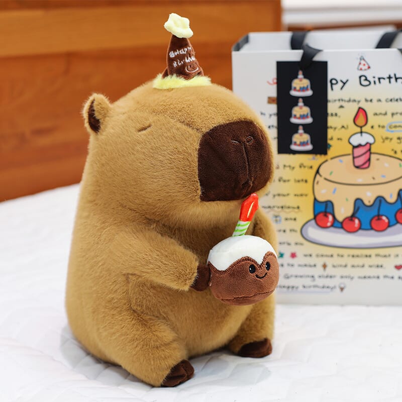 Capybara plush toy with cake accessory, perfect for kids’ room decoration Capybara plush doll with cake hat, cute and playful stuffed toy for gifts