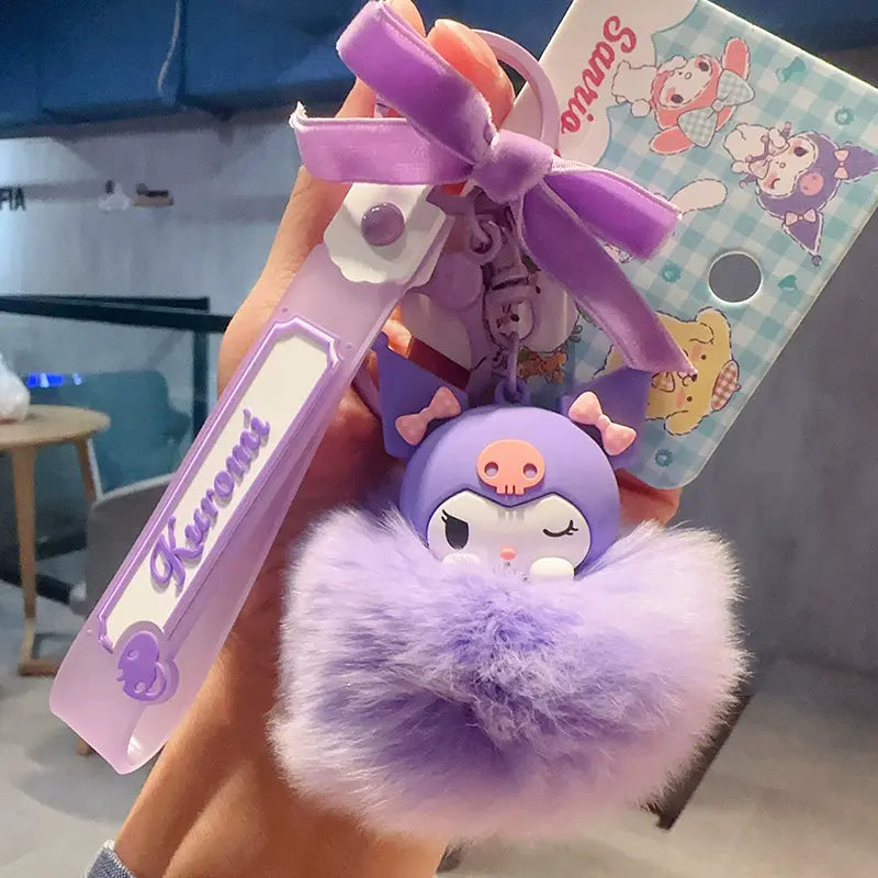 Sanrio keychain with soft fluffy fur, adorable small toy for daily use Sanrio fluffy fur plush keychain, trendy and cute bag accessory for all ages Soft fluffy fur plush keychain, cute and soft accessory for handbag lovers Sanrio plush keychain, fluffy fu