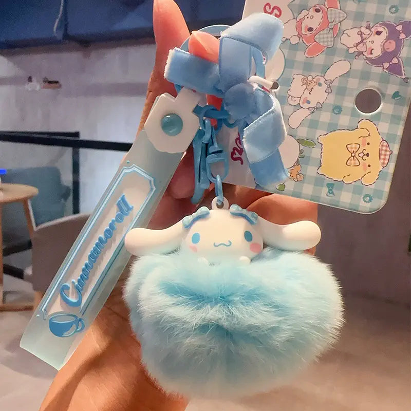 Sanrio plush keychain with soft fluffy fur, perfect for bag decoration Sanrio fluffy fur plush keychain, cute small accessory for everyday use Adorable soft fluffy fur plush keychain by Sanrio, charming accessory for backpacks