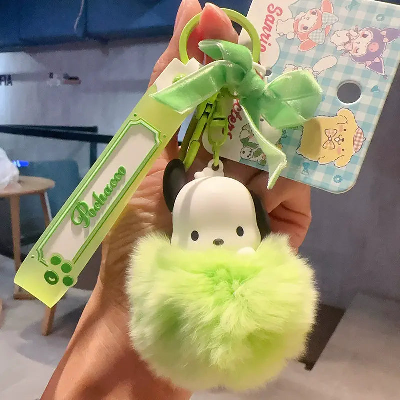 Sanrio plush keychain, soft fluffy fur bag charm for cozy style Soft fluffy fur plush keychain, cute Sanrio accessory for keyrings Sanrio keychain with soft fluffy fur, must-have plush accessory for bags