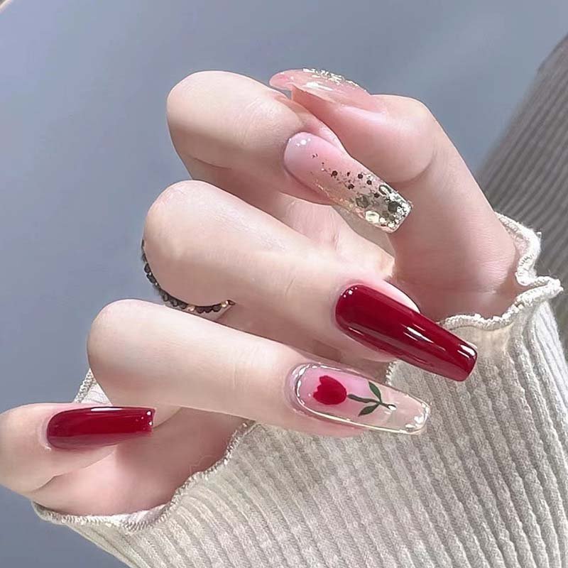 24pcs Vintage Wine Red Press-On Nail Kit - Elegant and Easy-to-Use Nails Vintage Wine Red Press-On Nail Kit (9010) - 24pcs Set for Instant Manicure