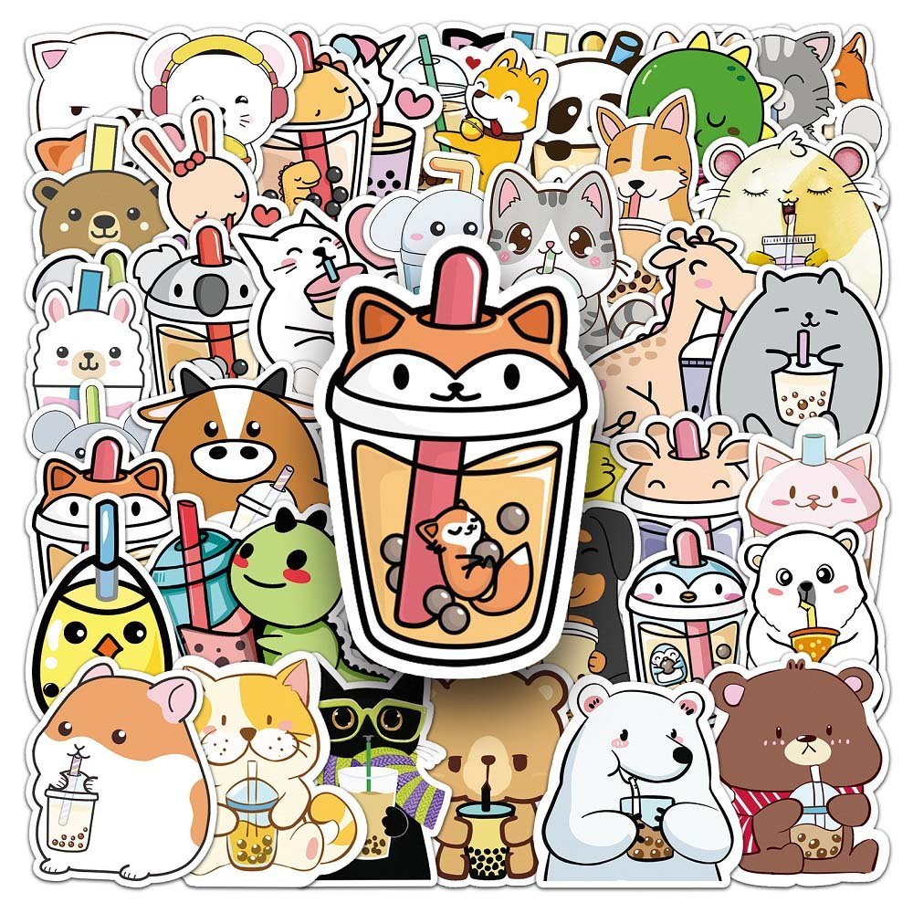 50pcs Pet Milk Tea Stickers - Cute Designs Featuring Pets and Milk Tea Pet Milk Tea Stickers - 50pcs for Animal and Drink Lovers, Perfect for DIY Projects