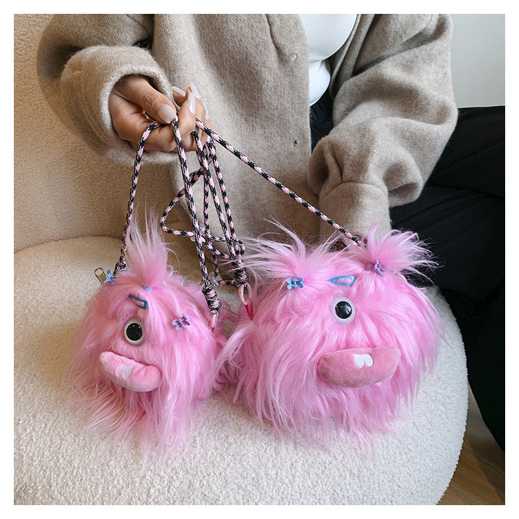 Adorable plush toy crossbody bag with ugly-cute charm  Playful and fashionable plush toy bag for trendy girls  Kawaii ugly-cute plush toy bag for fun fashion accessory