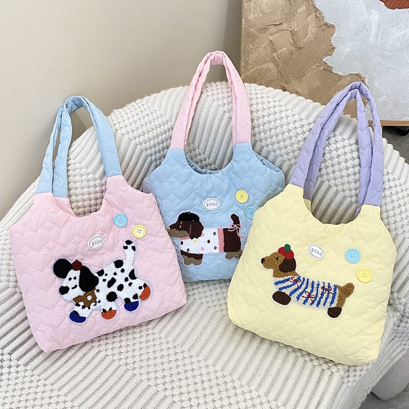 Fashionable puppy embroidery bag for teens and kids  Embroidered puppy design purse for animal lovers  Plush dog shoulder bag with cute embroidery details