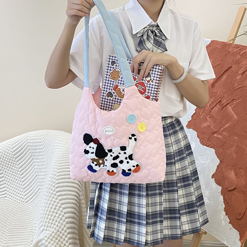 Trendy puppy handbag with cute embroidered design  Embroidered dog shoulder bag for everyday use  Unique puppy embroidery shoulder bag for gifts