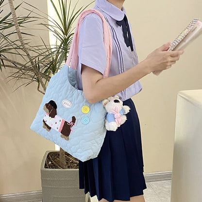 Cute dog design shoulder bag with playful embroidery  Trendy embroidered puppy handbag for fashion-forward looks