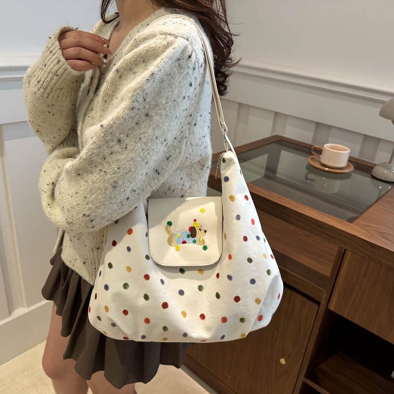 Spotted dog design bag for casual street style  Soft cartoon puppy shoulder bag for fun occasions
