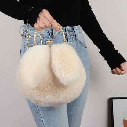 Kawaii rabbit ear mini crossbody bag for women  Fluffy plush handbag with rabbit ears for teens