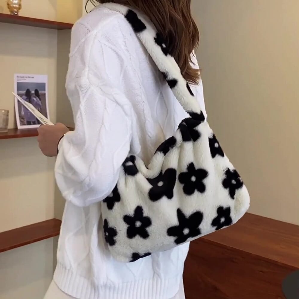Floral black and white plush bag, cute Japanese fashion accessory for a playful and chic style