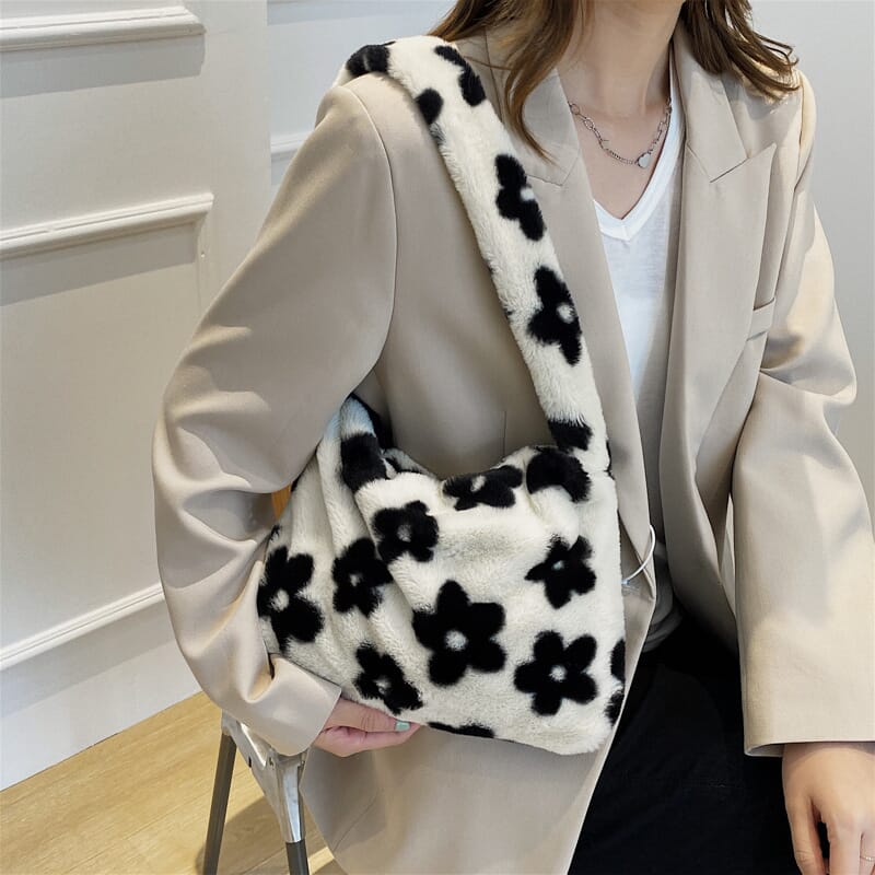 Cute plush bag with black and white floral design, Japanese style accessory for a unique look