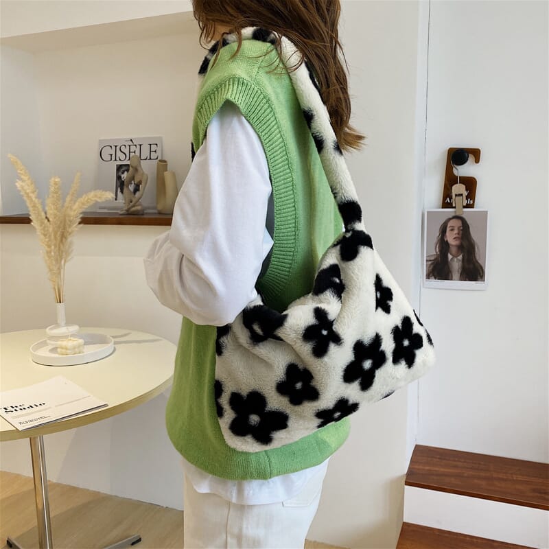 Japanese-inspired cute floral plush bag, black and white design for a sophisticated look