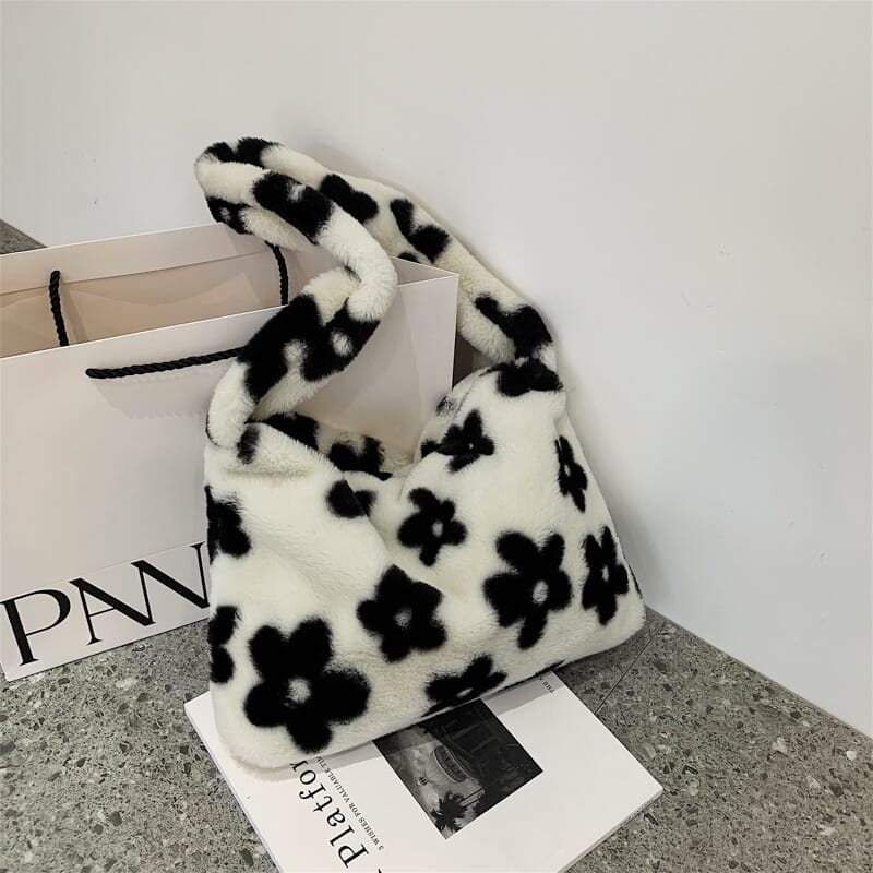 Black and white floral plush handbag, adorable Japanese-inspired design for a trendy accessory  Japanese cute floral plush bag, black and white design for a stylish and fun statement piece