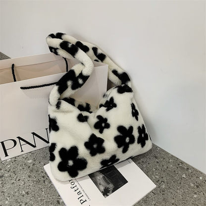 Black and white floral plush handbag, adorable Japanese-inspired design for a trendy accessory  Japanese cute floral plush bag, black and white design for a stylish and fun statement piece