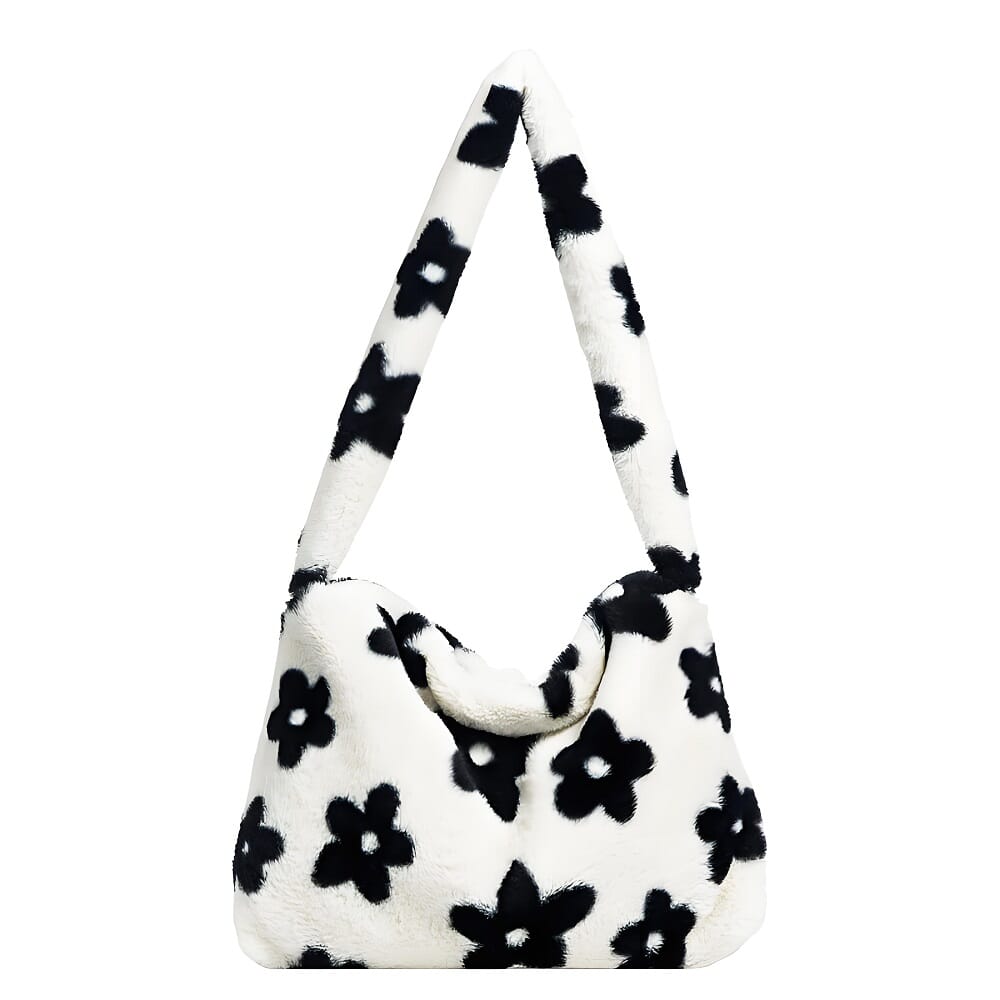 Japanese cute black and white floral plush bag, stylish and elegant floral design for casual wear