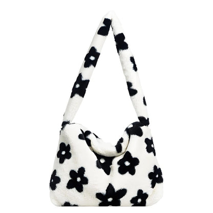 Japanese cute black and white floral plush bag, stylish and elegant floral design for casual wear