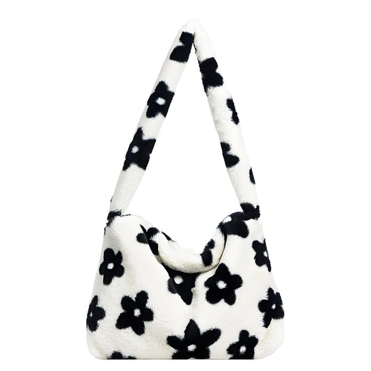 Japanese cute black and white floral plush bag, stylish and elegant floral design for casual wear