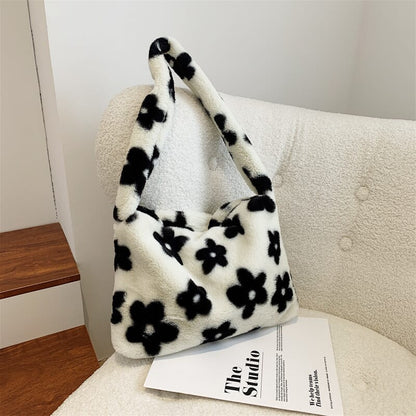 Floral plush bag in black and white, cute Japanese-inspired design for a chic accessory
