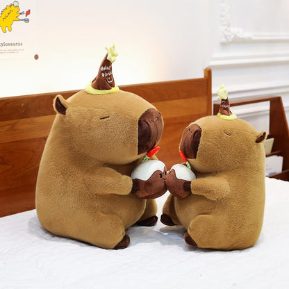 Kapiybara stuffed animal with cake hat, sweet and huggable plush toy