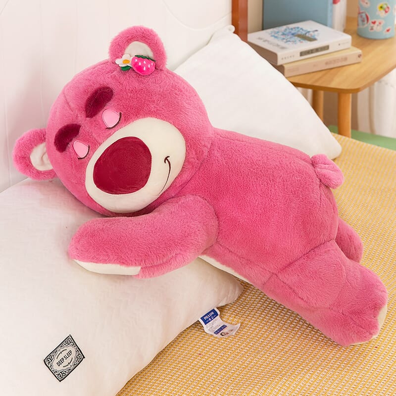 Strawberry scented lying bear plush toy, cute and soft stuffed doll  Cute strawberry bear plush toy, lying design with sweet strawberry scent