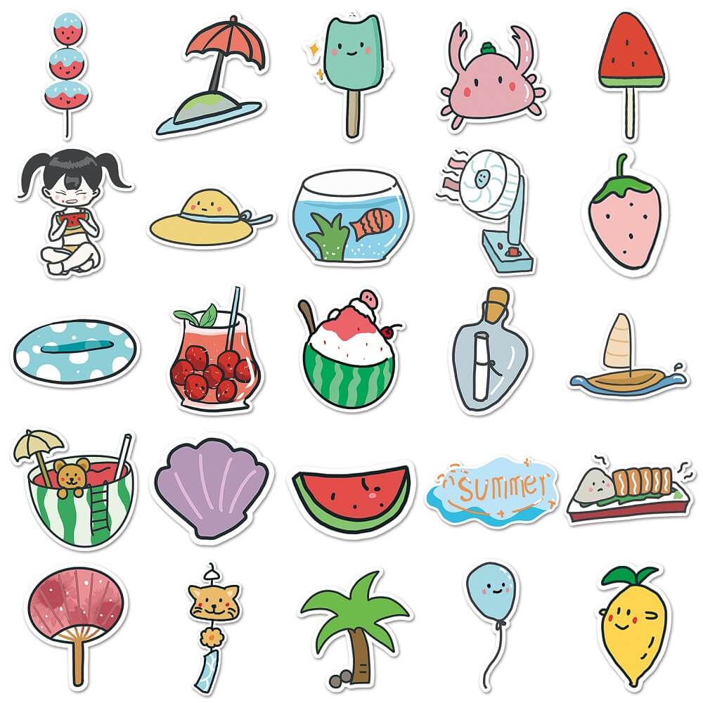 50pcs Cartoon Summer Stickers – Playful Stickers for Decorating Party Invitations