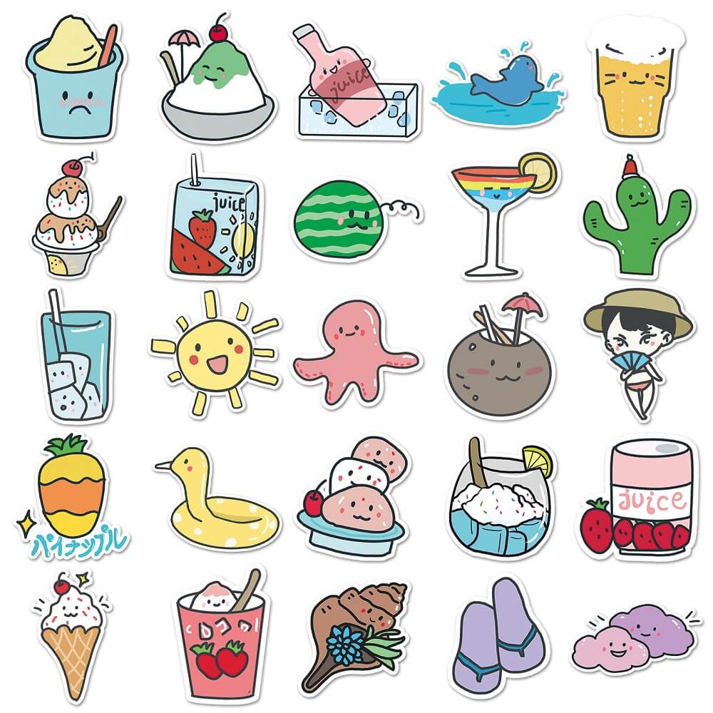 Cartoon Summer -714 Stickers – 50pcs Colorful Summer Stickers for Summer Vibes  50pcs Cartoon Summer Stickers – Creative Summer Stickers for DIY Summer Crafts
