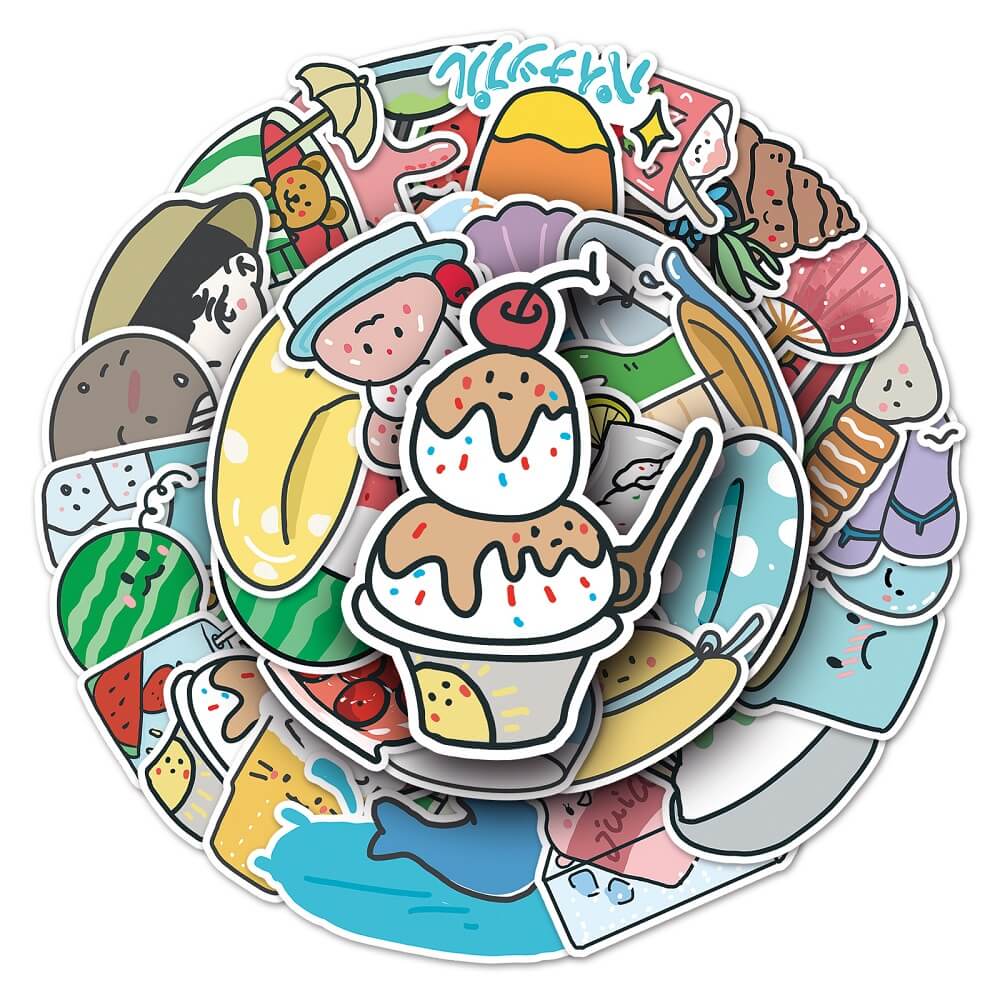 Cartoon Summer -714 Stickers – 50pcs Summer Cartoon Stickers for Social Media  50pcs Cartoon Summer Stickers – Cute and Vibrant Summer Stickers for Gift Packaging