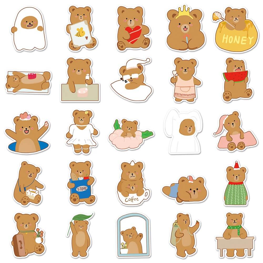 Hand-painted Bear -710 Stickers – 50pcs Bear Stickers for Scrapbooking Enthusiasts  50pcs Hand-painted Bear Stickers – Hand-painted Stickers for Kids’ Bedroom Decor