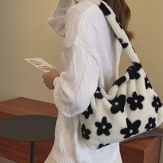 Japanese floral plush handbag, black and white design for a cute and trendy look