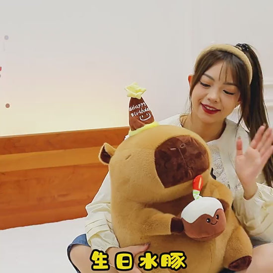 Soft capybara stuffed animal, cute plush doll with a cake hat design