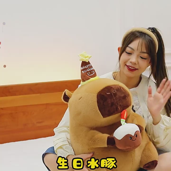 Soft capybara stuffed animal, cute plush doll with a cake hat design