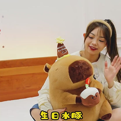 Soft capybara stuffed animal, cute plush doll with a cake hat design